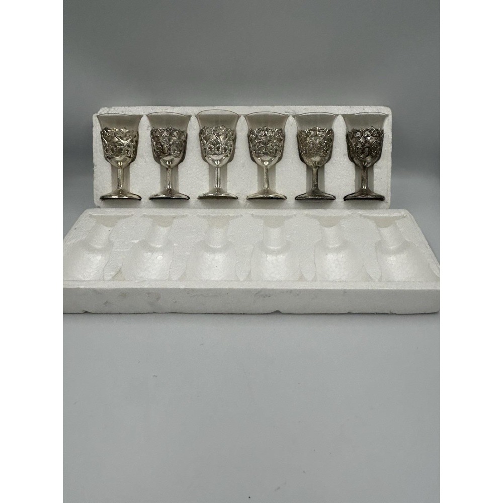 VTG Set of 6 Silver plated Caged Glass Cordial glasses or Kiddush cups 4" Tall